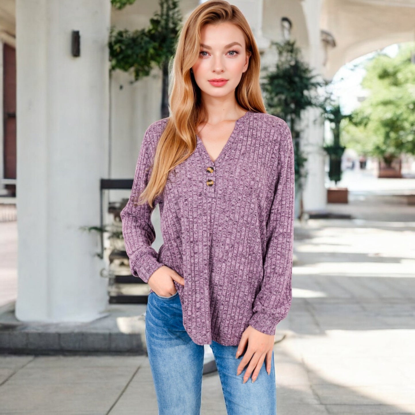 Anna-Kaci Women's V-Neck Ribbed Knit Long Sleeve Top with Button Detail
