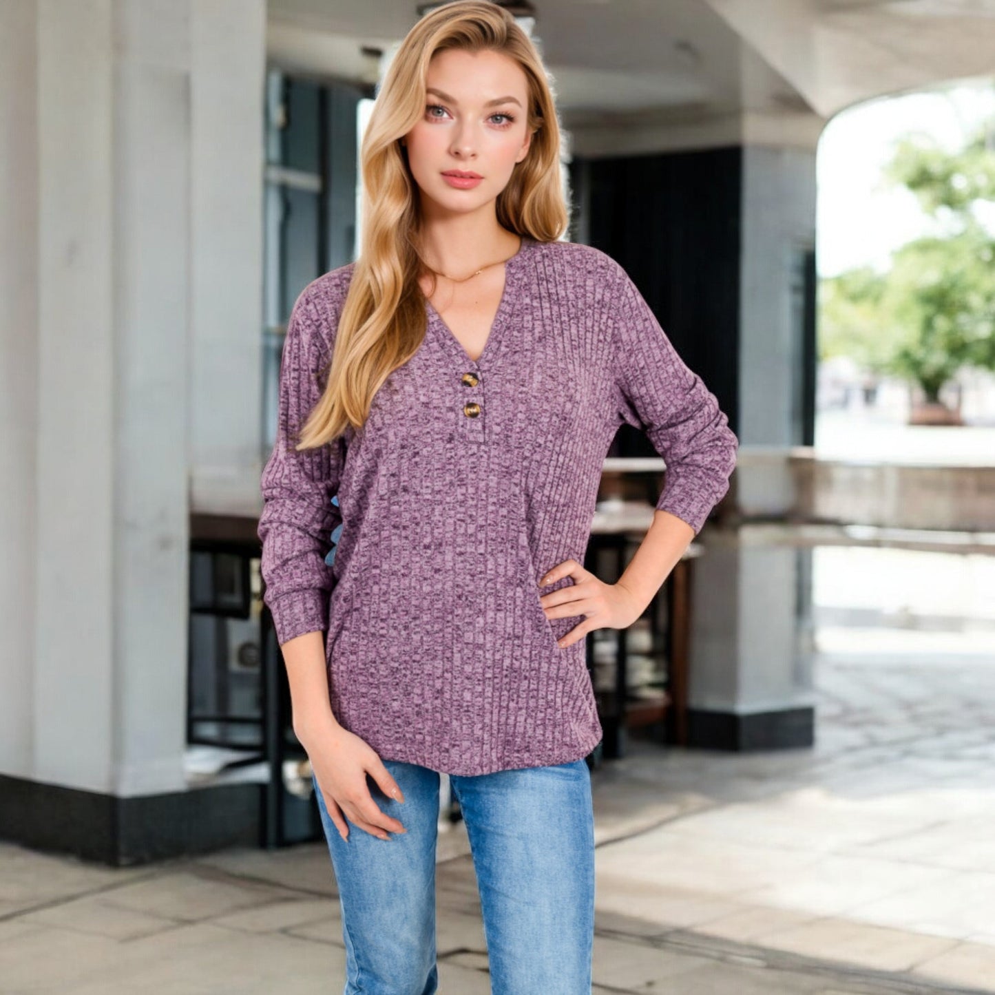 Anna-Kaci Women's V-Neck Ribbed Knit Long Sleeve Top with Button Detail