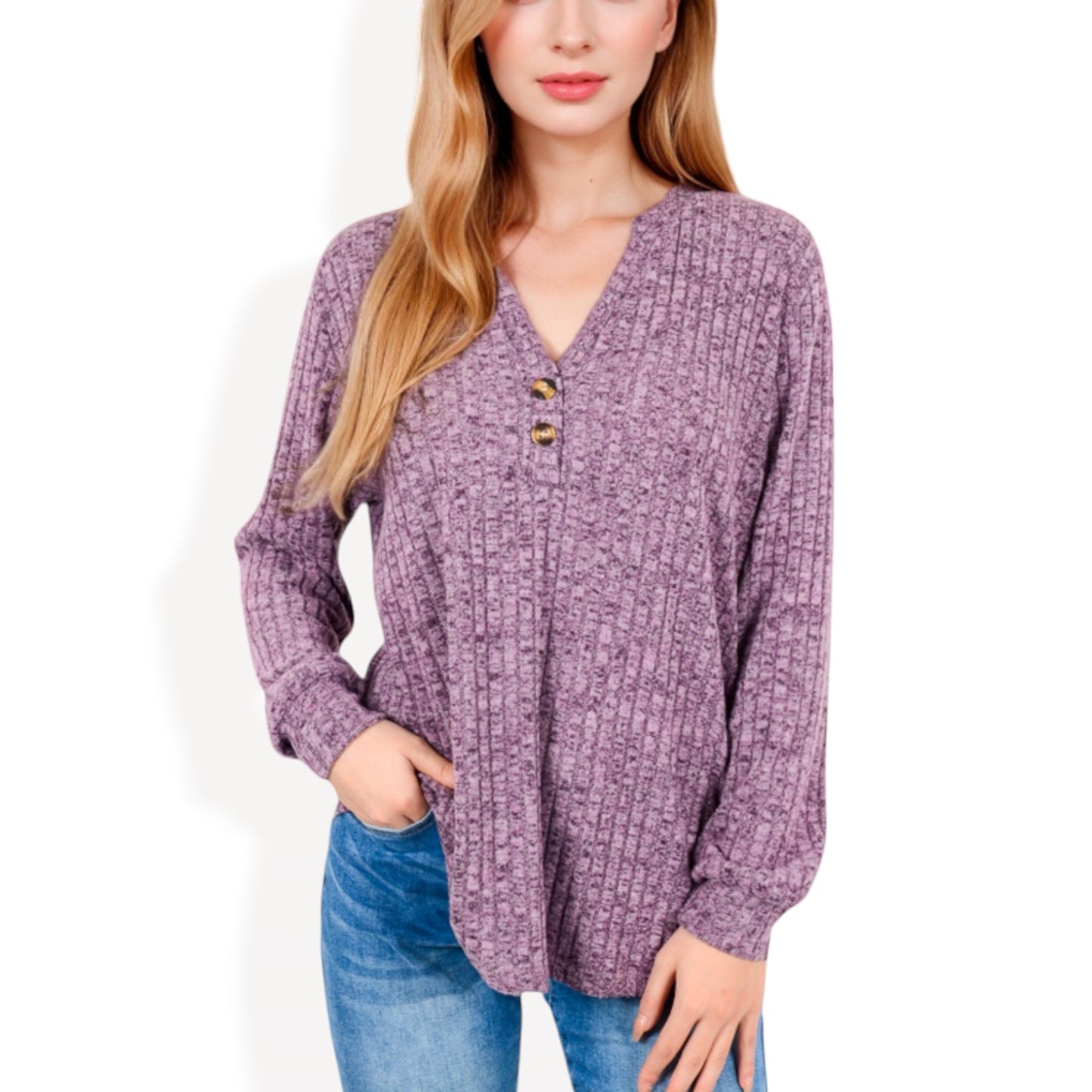 Anna-Kaci Women's V-Neck Ribbed Knit Long Sleeve Top with Button Detail