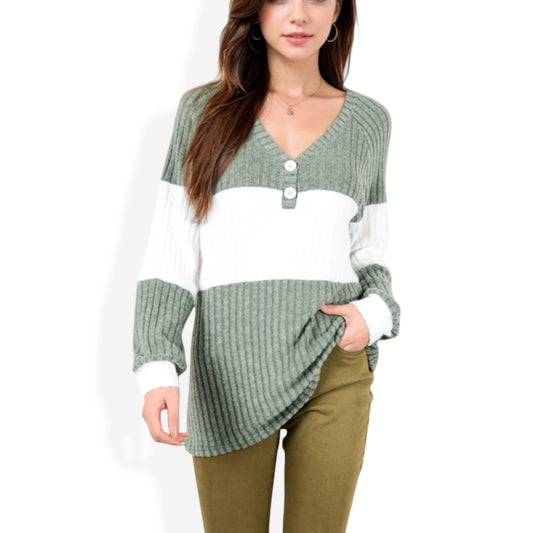 Anna-Kaci Women's Color Block Ribbed Knit Top with Button Detail and V-Neckline