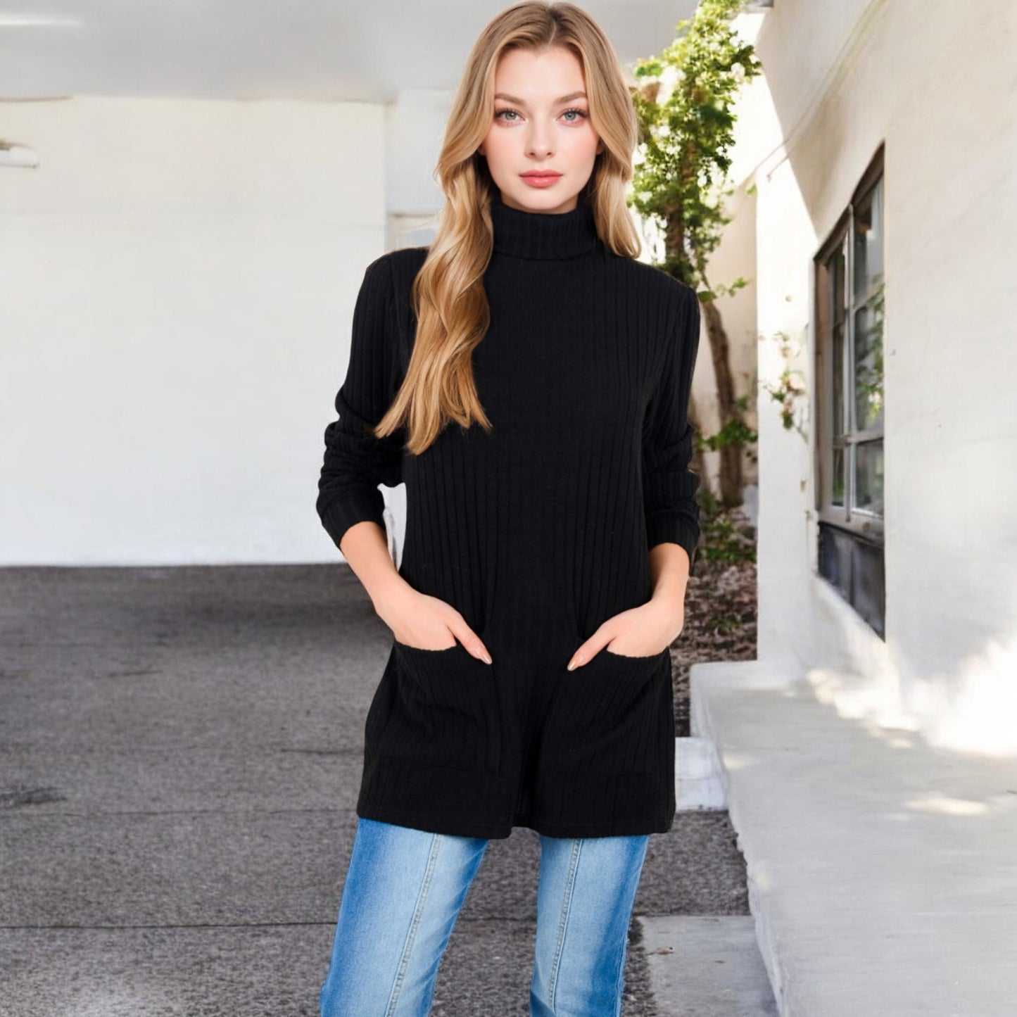 Anna-Kaci Women's Ribbed Knit Turtleneck Tunic Sweater with Front Pockets