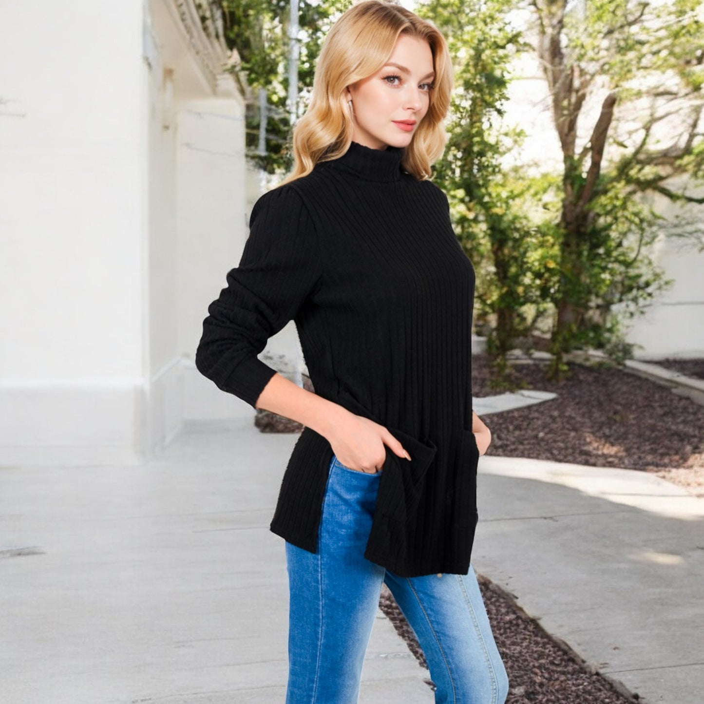 Anna-Kaci Women's Ribbed Knit Turtleneck Tunic Sweater with Front Pockets