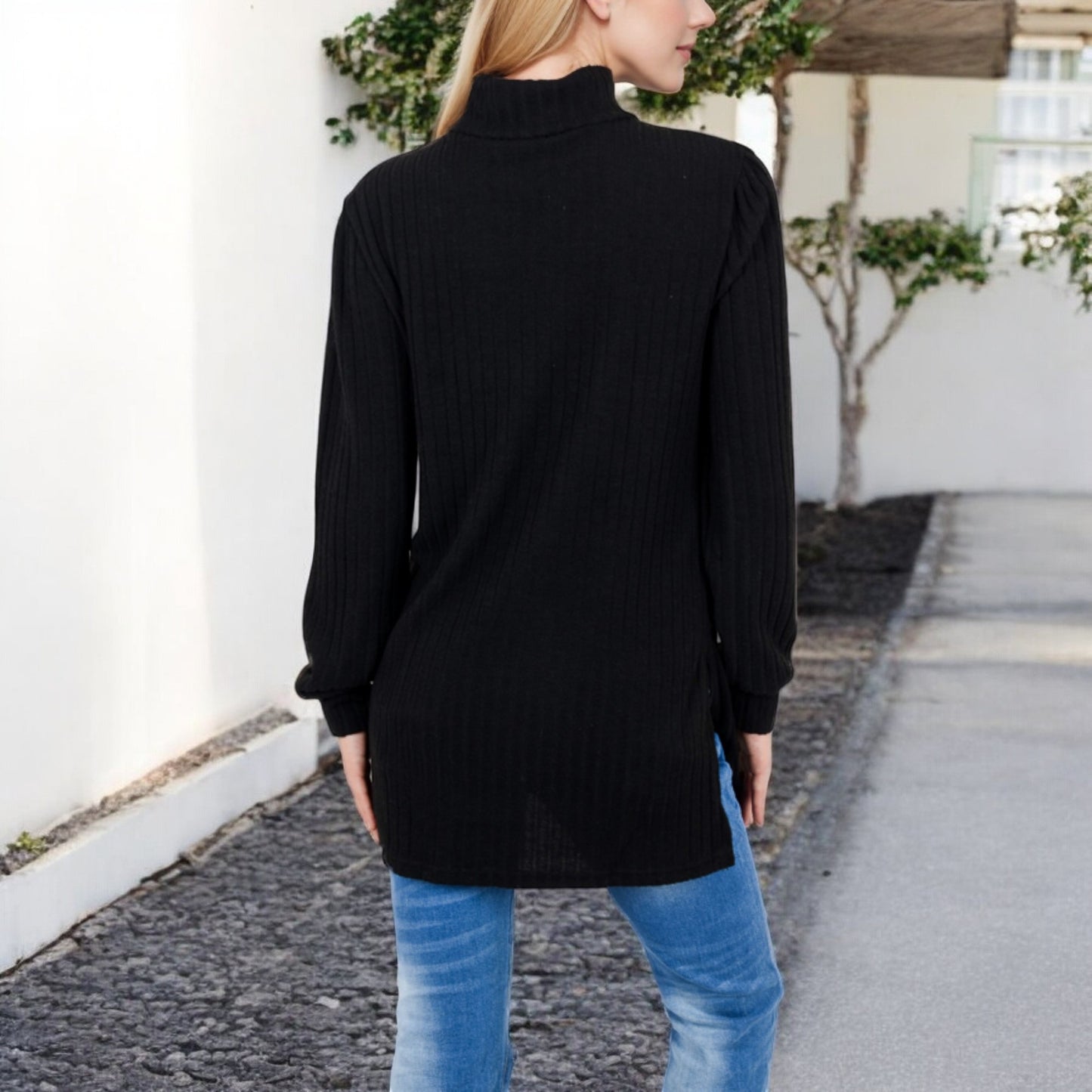 Anna-Kaci Women's Ribbed Knit Turtleneck Tunic Sweater with Front Pockets