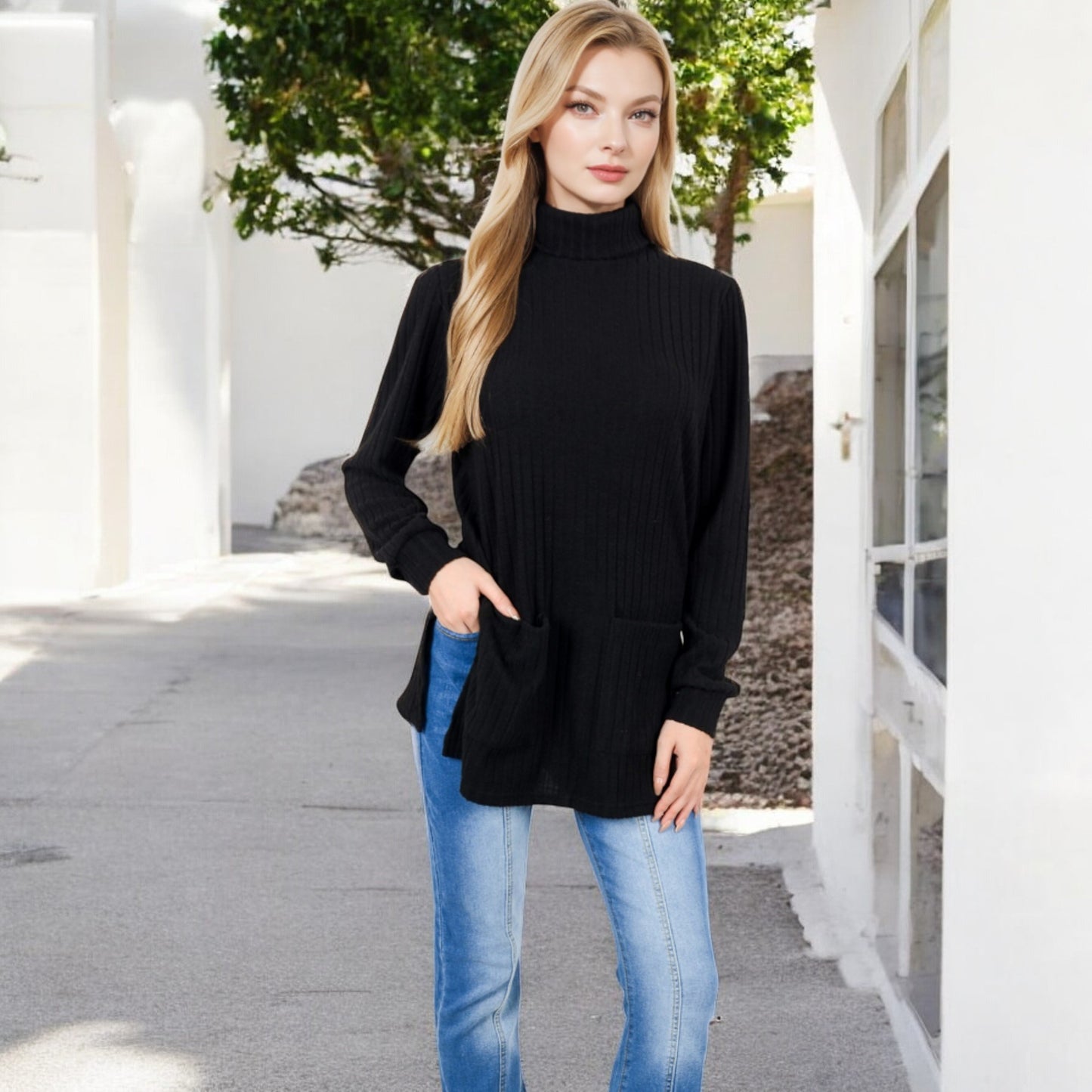 Anna-Kaci Women's Ribbed Knit Turtleneck Tunic Sweater with Front Pockets