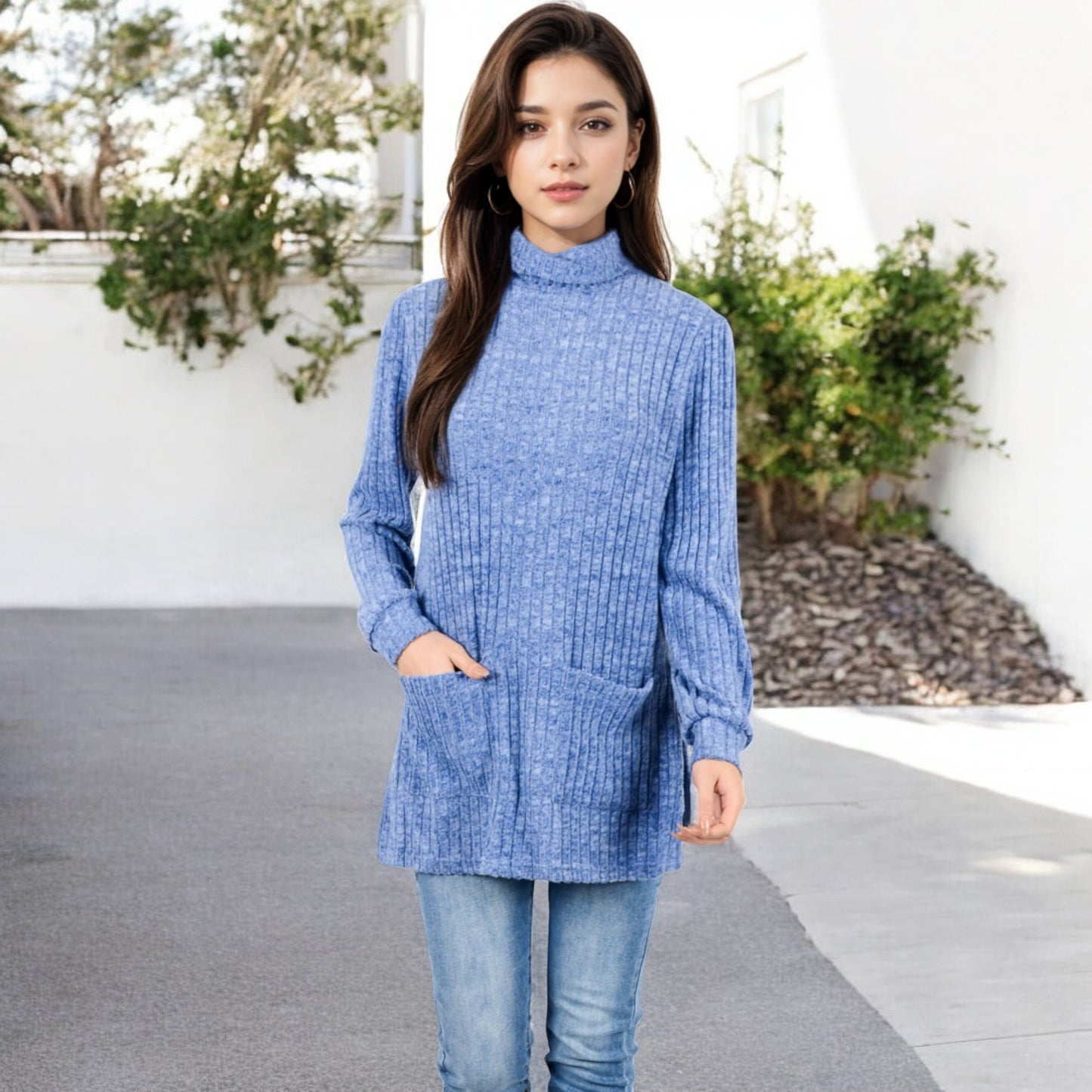 Anna-Kaci Women's Ribbed Knit Turtleneck Tunic Sweater with Front Pockets