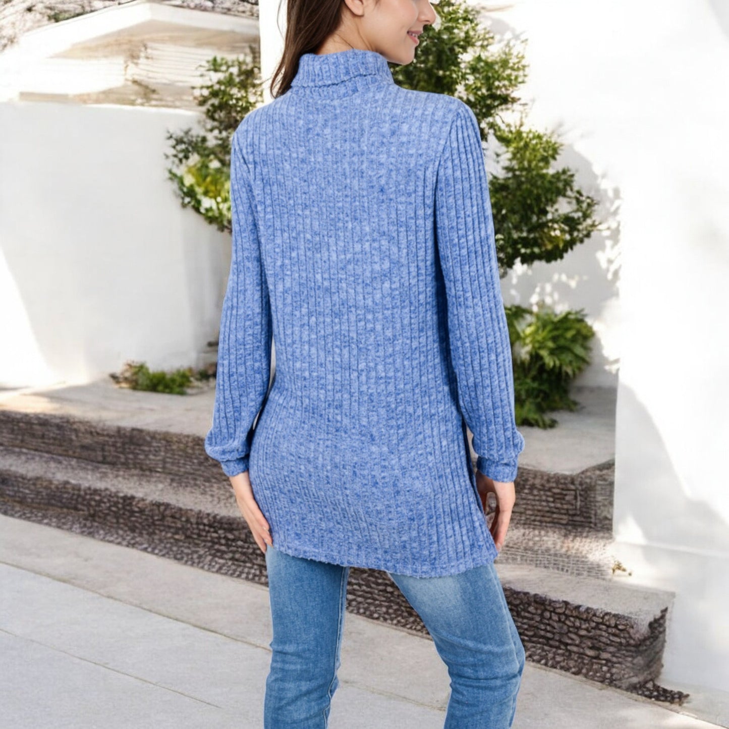 Anna-Kaci Women's Ribbed Knit Turtleneck Tunic Sweater with Front Pockets
