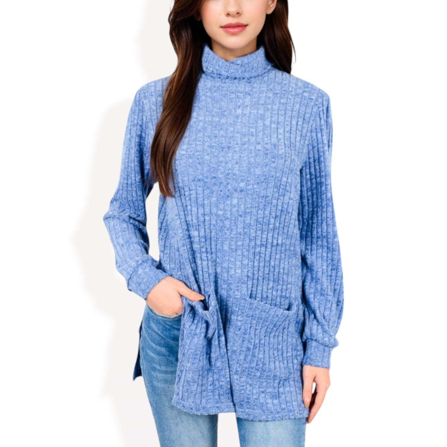 Anna-Kaci Women's Ribbed Knit Turtleneck Tunic Sweater with Front Pockets