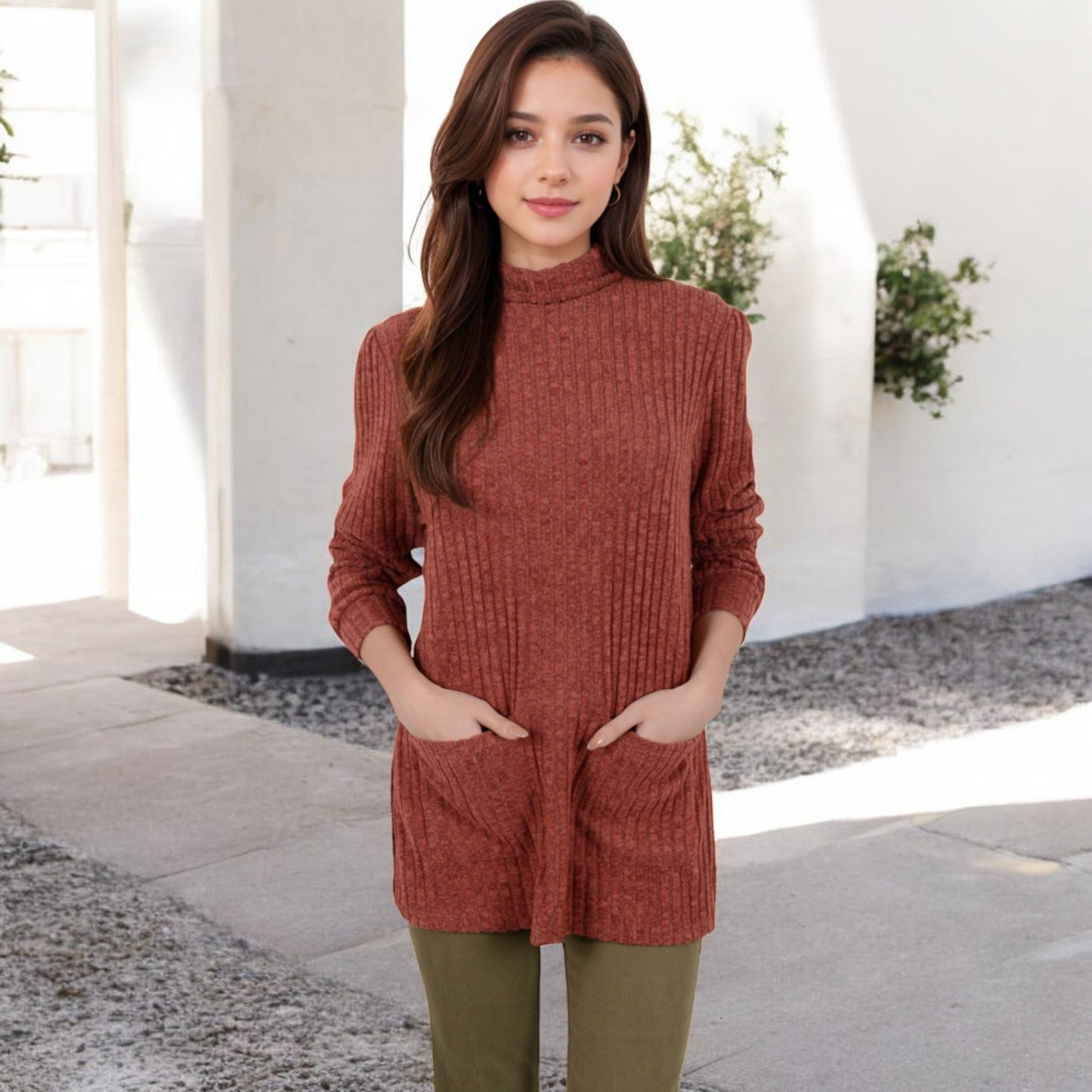 Anna-Kaci Women's Ribbed Knit Turtleneck Tunic Sweater with Front Pockets