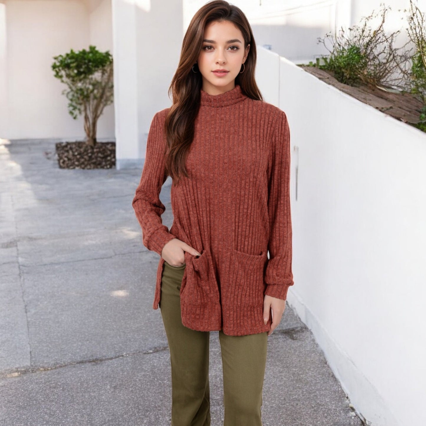 Anna-Kaci Women's Ribbed Knit Turtleneck Tunic Sweater with Front Pockets