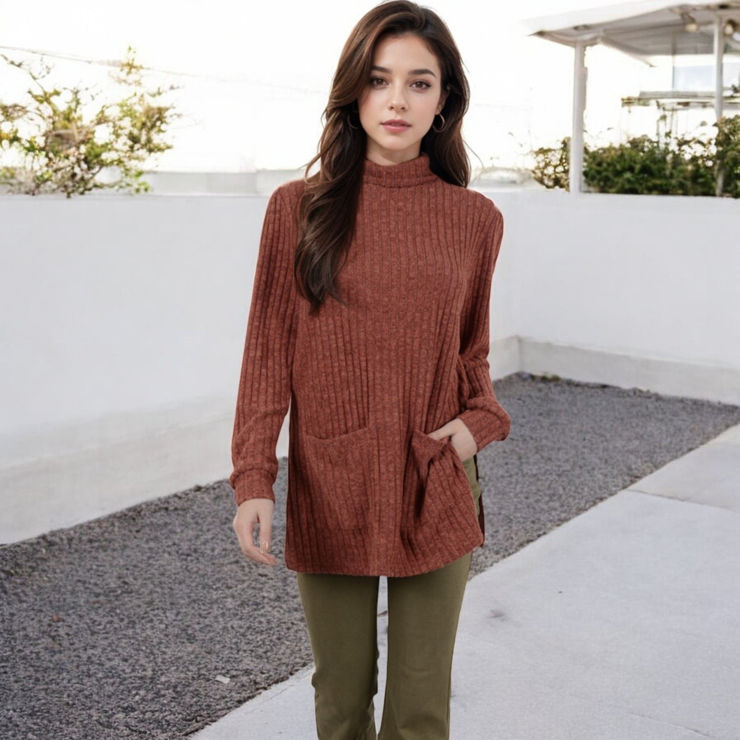 Anna-Kaci Women's Ribbed Knit Turtleneck Tunic Sweater with Front Pockets