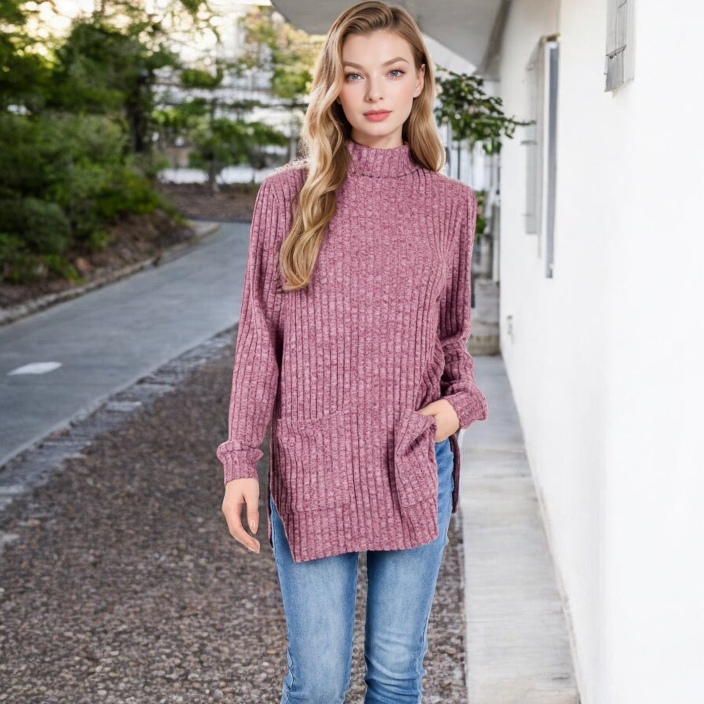 Anna-Kaci Women's Ribbed Knit Turtleneck Tunic Sweater with Front Pockets