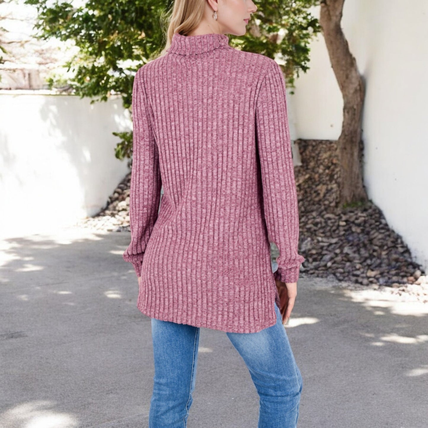 Anna-Kaci Women's Ribbed Knit Turtleneck Tunic Sweater with Front Pockets