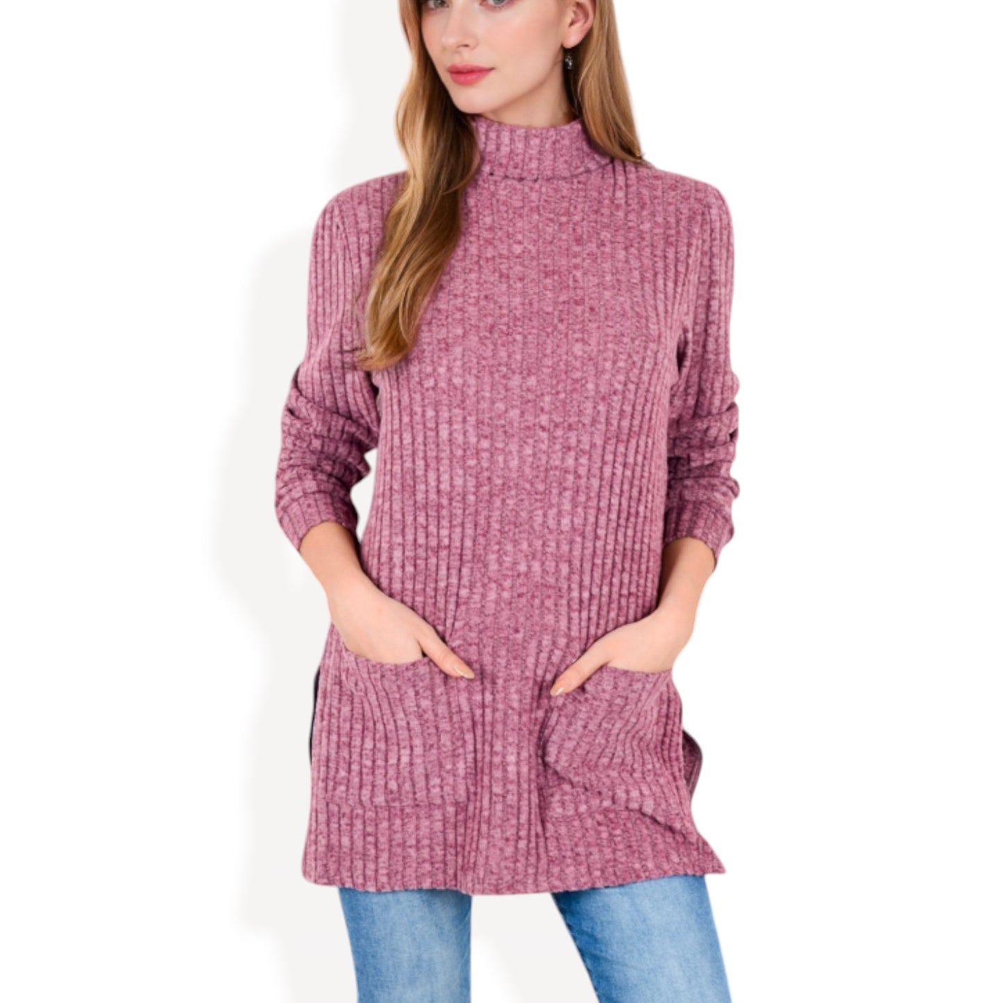Anna-Kaci Women's Ribbed Knit Turtleneck Tunic Sweater with Front Pockets