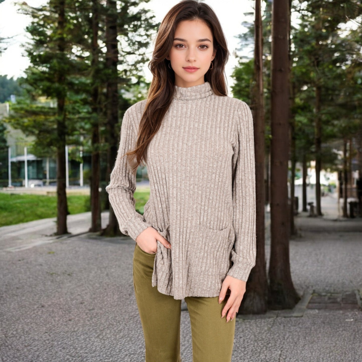 Anna-Kaci Women's Ribbed Knit Turtleneck Tunic Sweater with Front Pockets