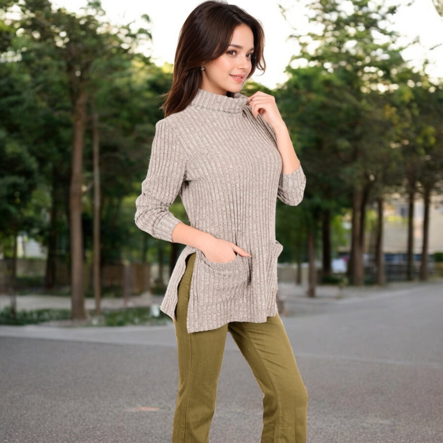 Anna-Kaci Women's Ribbed Knit Turtleneck Tunic Sweater with Front Pockets