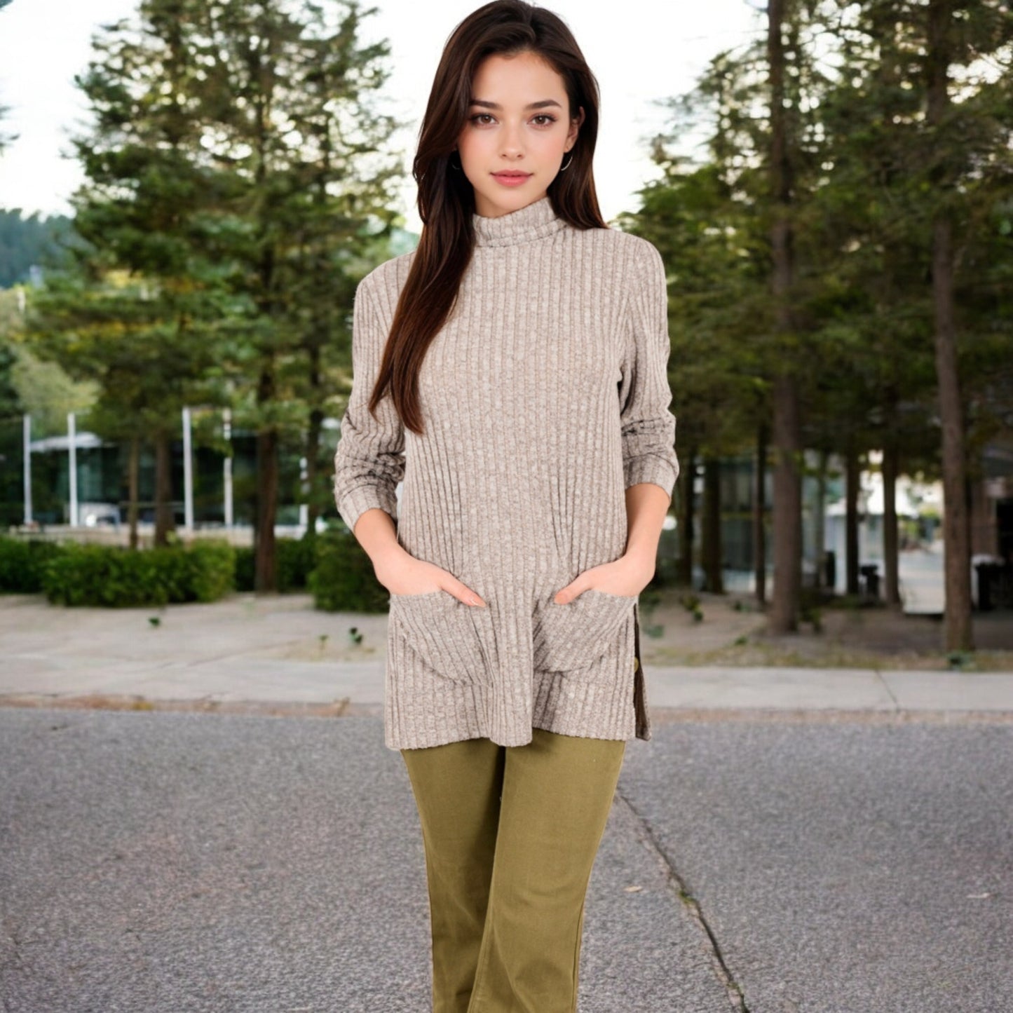 Anna-Kaci Women's Ribbed Knit Turtleneck Tunic Sweater with Front Pockets