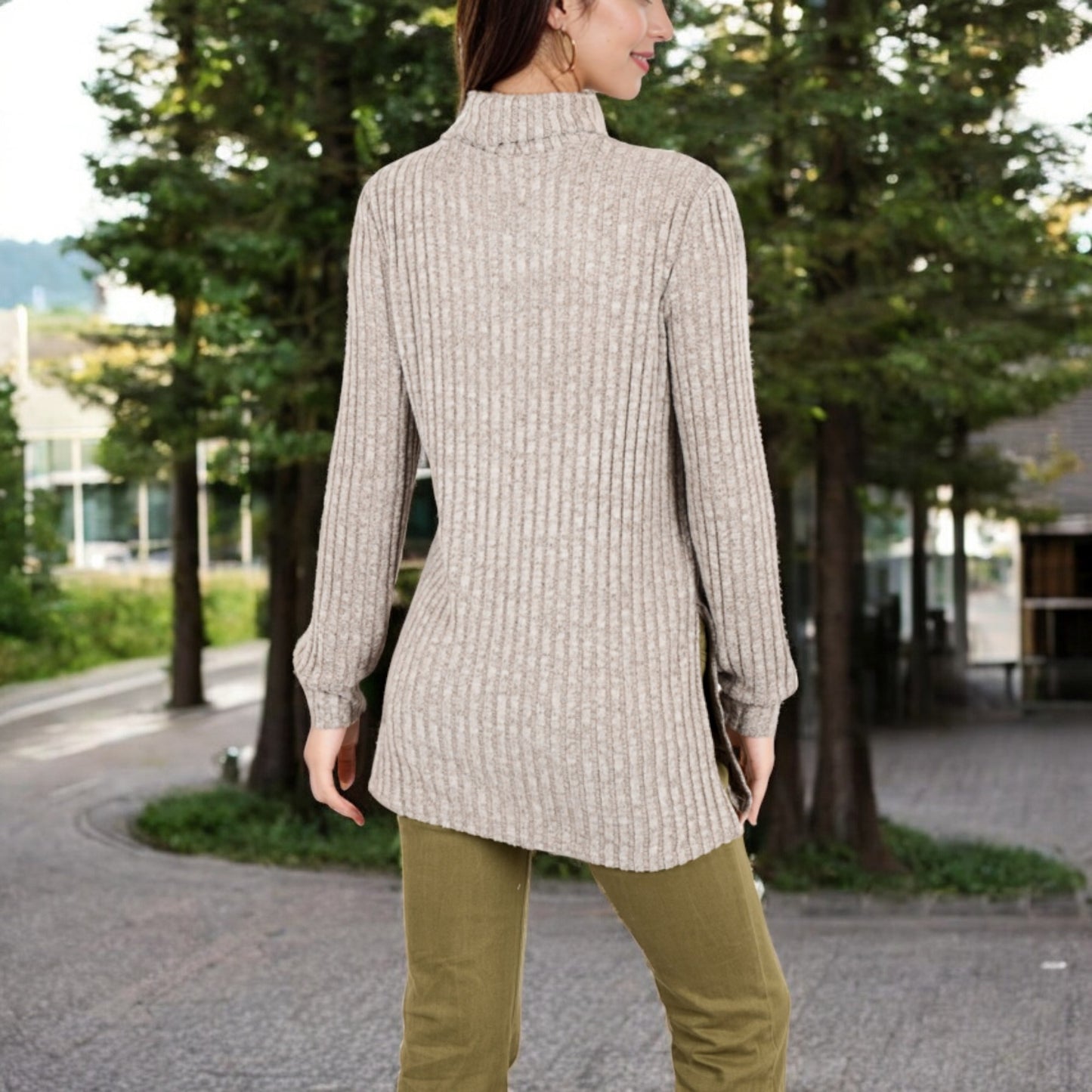 Anna-Kaci Women's Ribbed Knit Turtleneck Tunic Sweater with Front Pockets