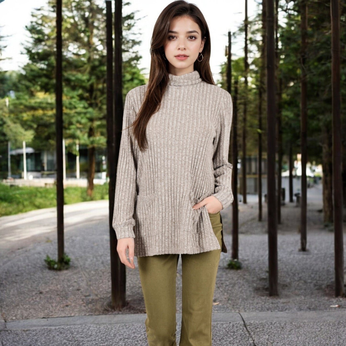 Anna-Kaci Women's Ribbed Knit Turtleneck Tunic Sweater with Front Pockets