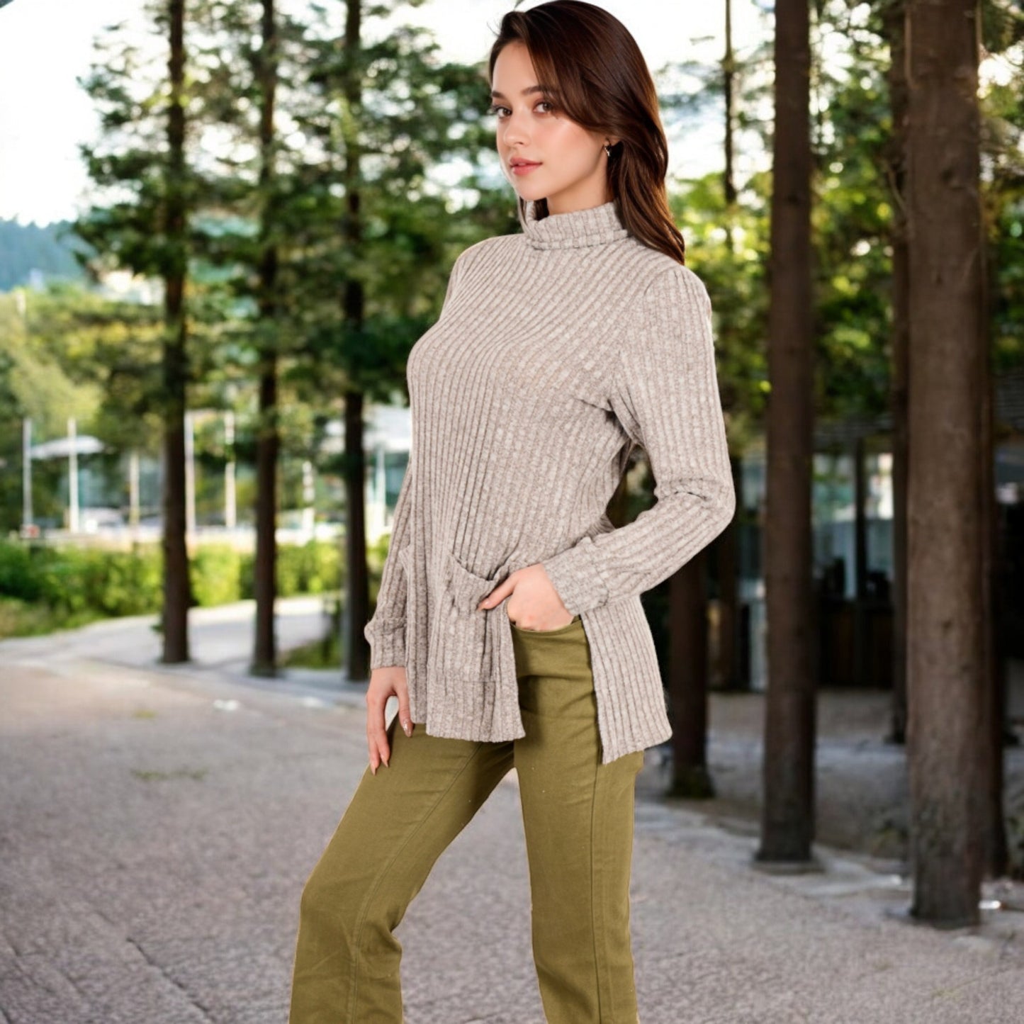 Anna-Kaci Women's Ribbed Knit Turtleneck Tunic Sweater with Front Pockets