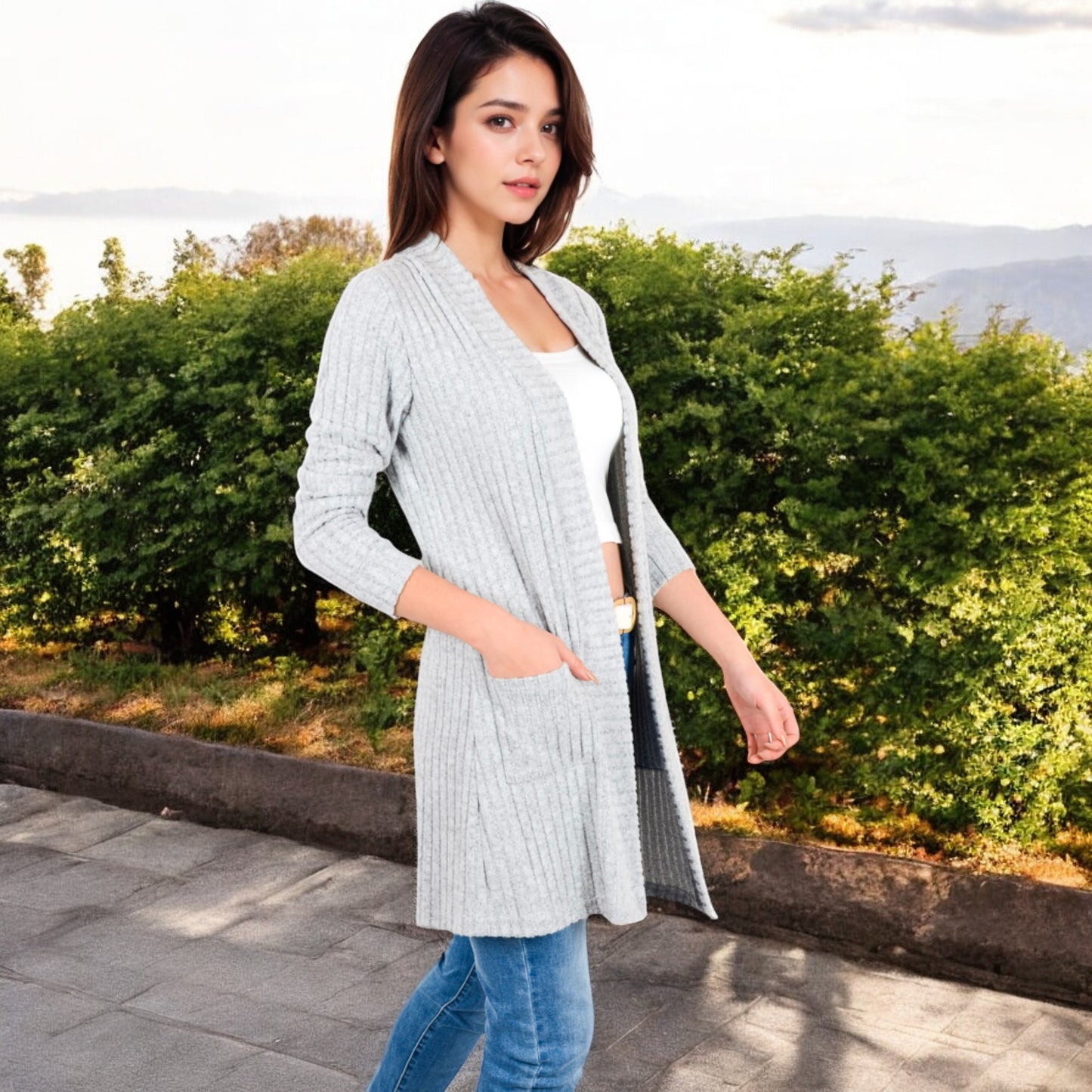 Anna-Kaci Women's Open Front Ribbed Knit Cardigan with Front Pockets