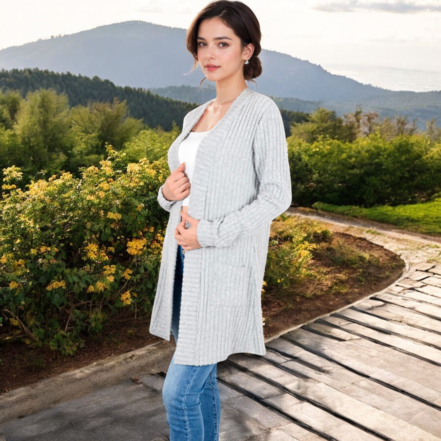 Anna-Kaci Women's Open Front Ribbed Knit Cardigan with Front Pockets