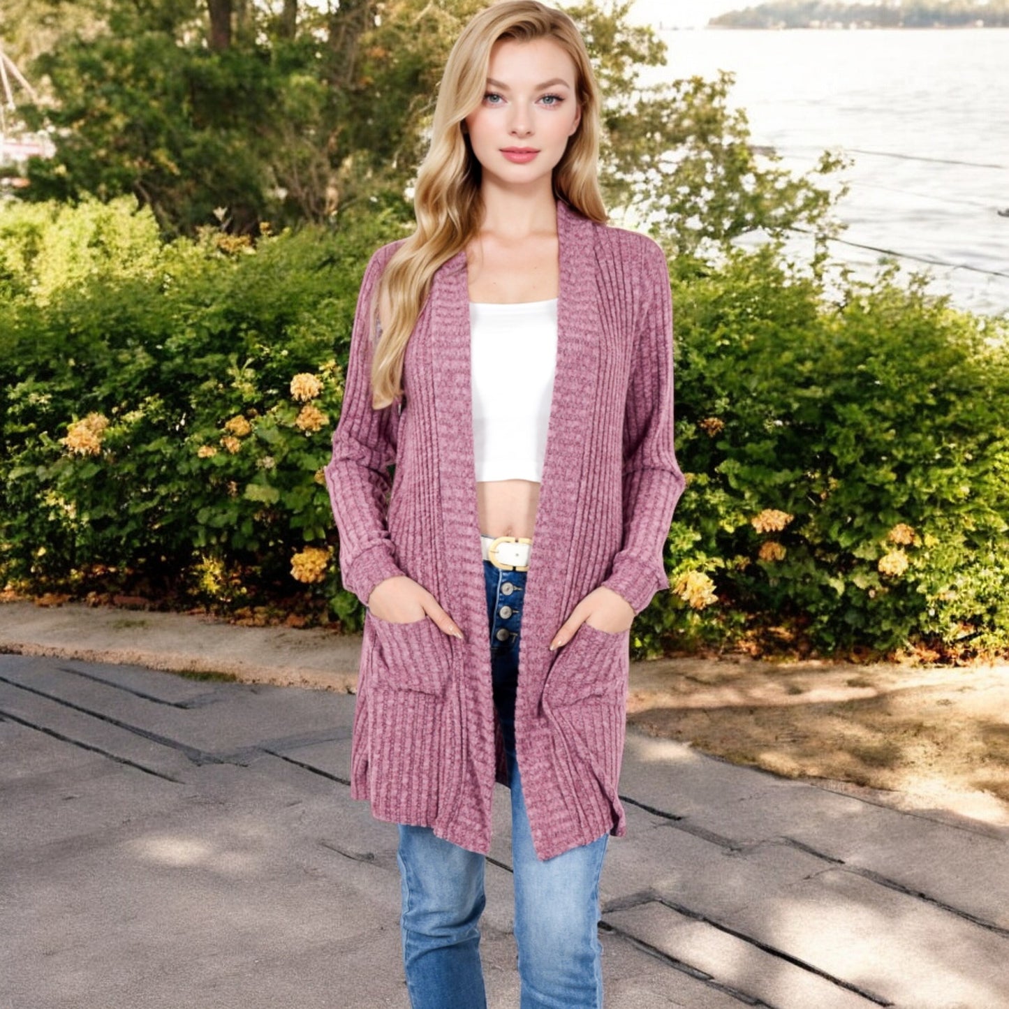 Anna-Kaci Women's Open Front Ribbed Knit Cardigan with Front Pockets