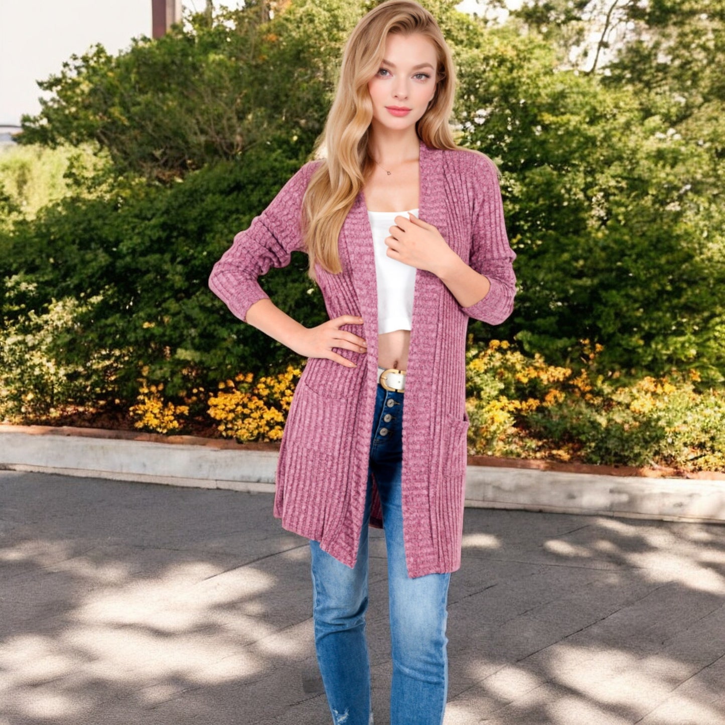 Anna-Kaci Women's Open Front Ribbed Knit Cardigan with Front Pockets