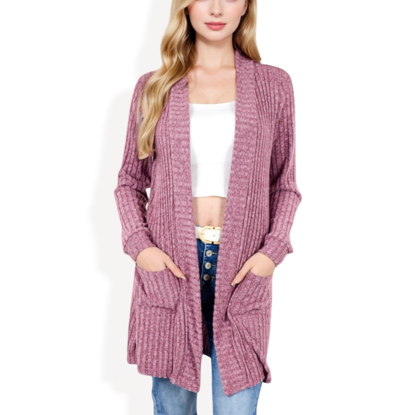 Anna-Kaci Women's Open Front Ribbed Knit Cardigan with Front Pockets