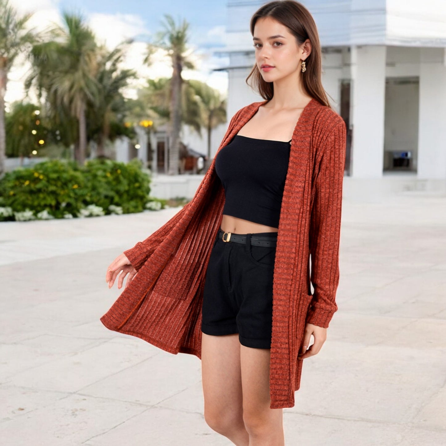 Anna-Kaci Women's Open Front Ribbed Knit Cardigan with Front Pockets