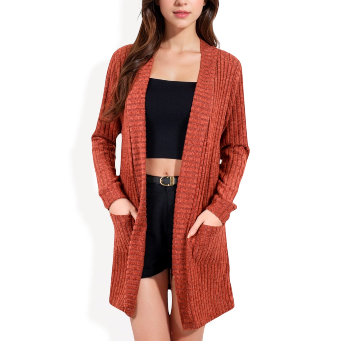 Anna-Kaci Women's Open Front Ribbed Knit Cardigan with Front Pockets