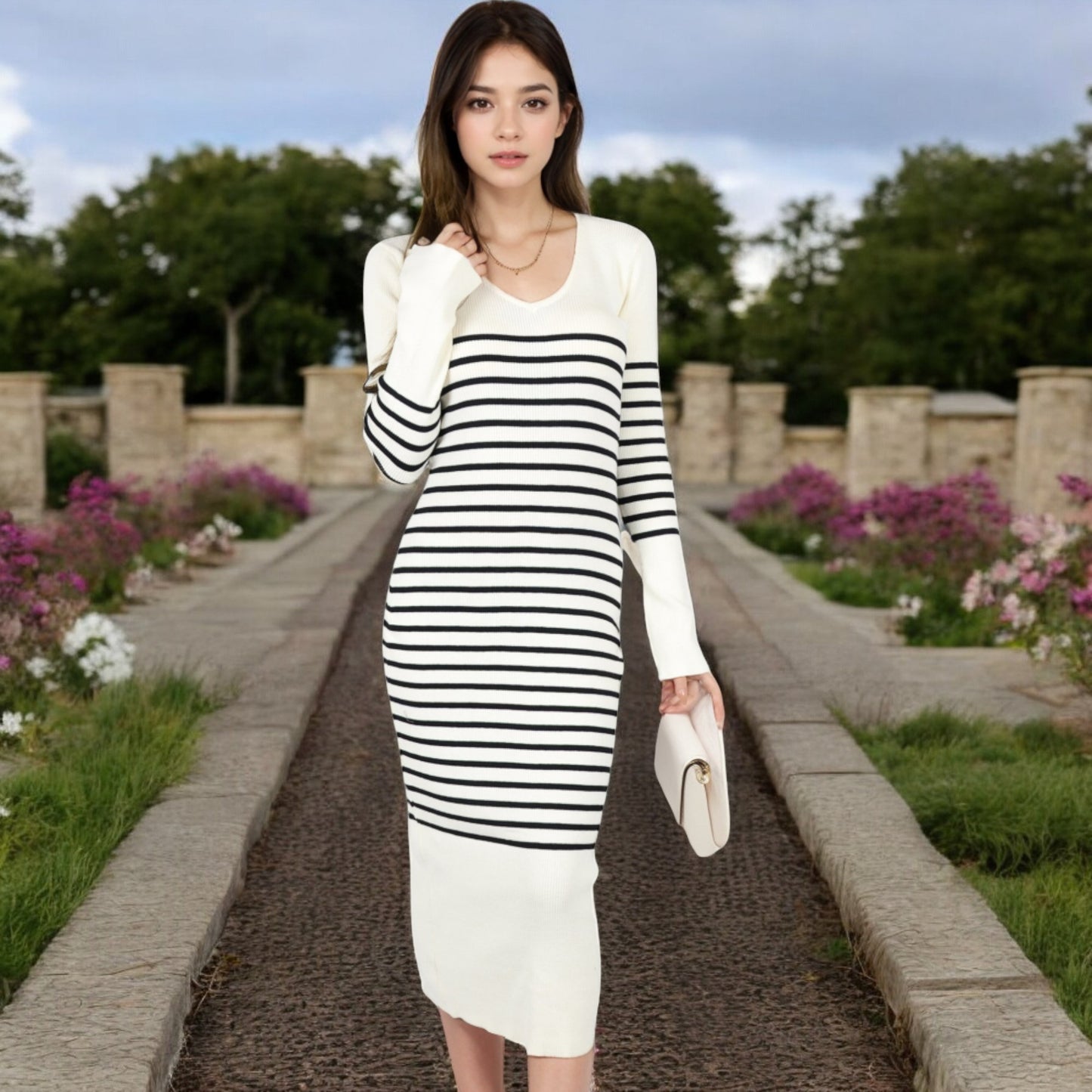 Anna-Kaci Women's Striped Knit Midi Dress with Long Sleeves and Ribbed Texture