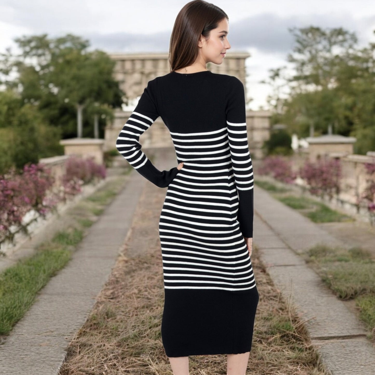 Anna-Kaci Women's Striped Knit Midi Dress with Long Sleeves and Ribbed Texture