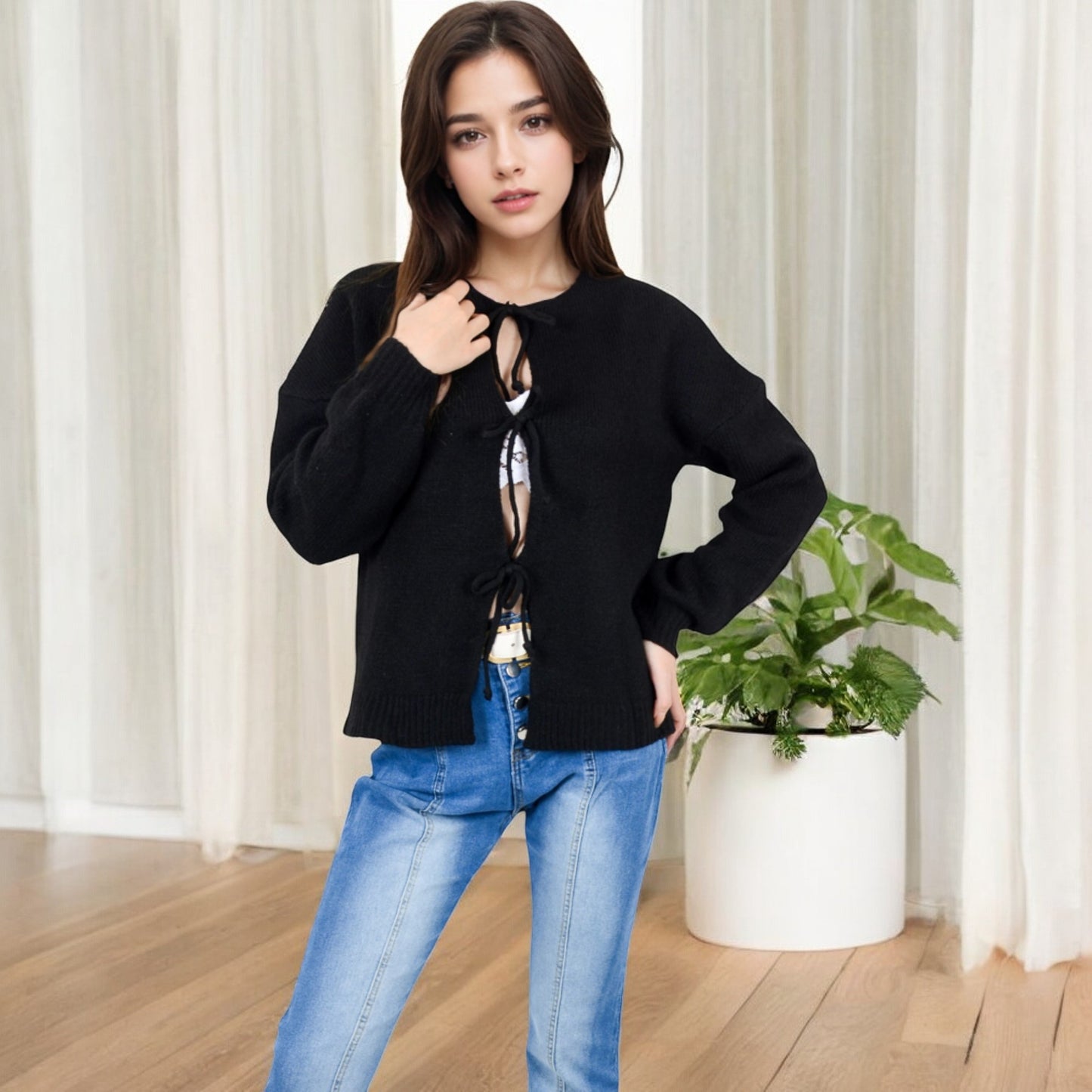 Anna-Kaci Women's Tie Front Knit Cardigan with Long Sleeves and Open Front Design