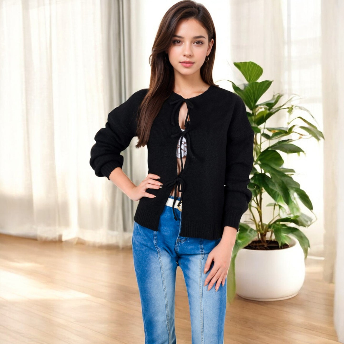Anna-Kaci Women's Tie Front Knit Cardigan with Long Sleeves and Open Front Design