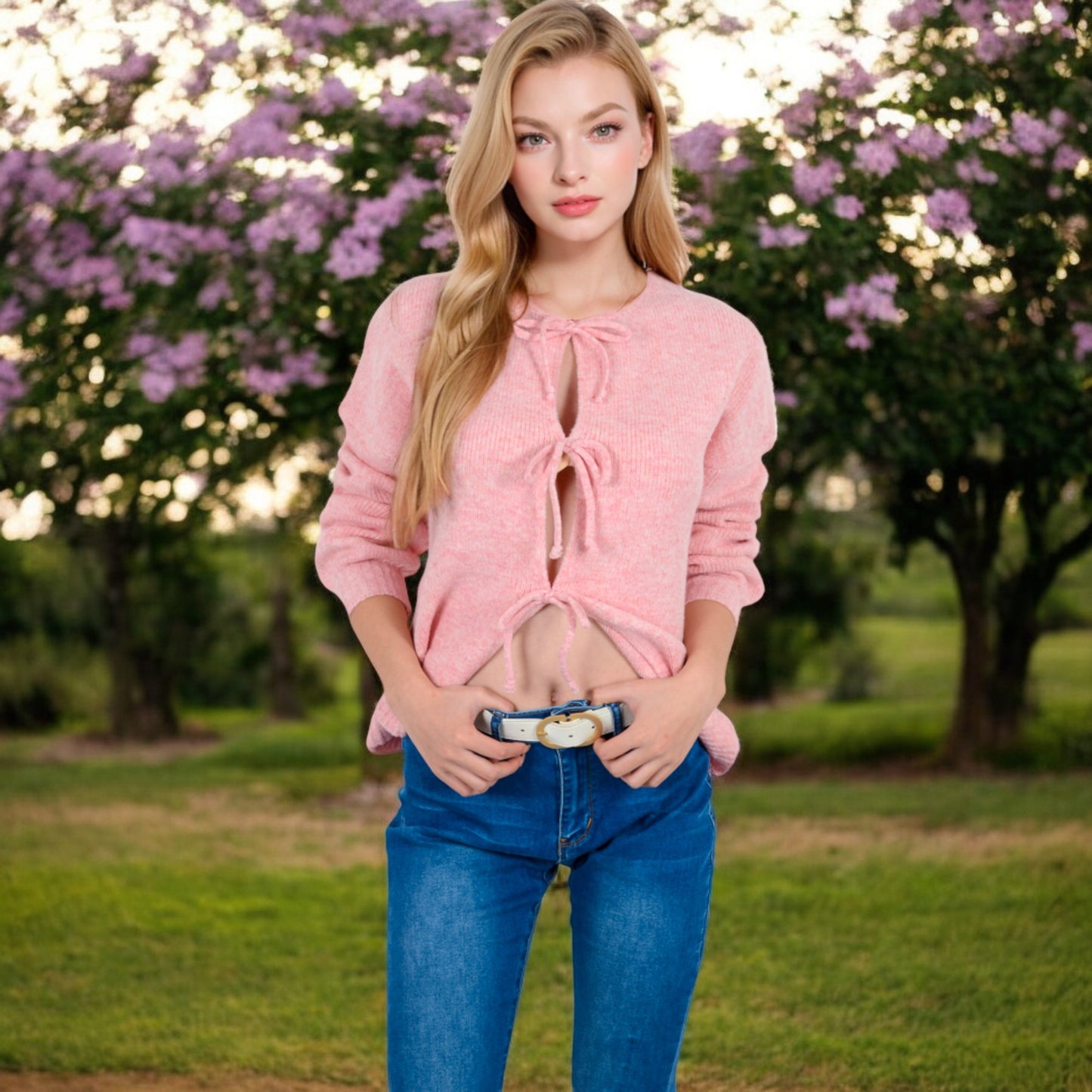 Anna-Kaci Women's Tie Front Knit Cardigan with Long Sleeves and Open Front Design