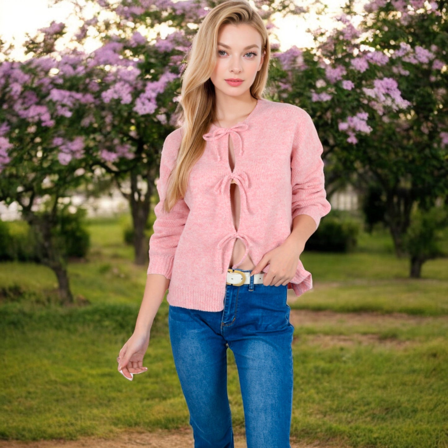 Anna-Kaci Women's Tie Front Knit Cardigan with Long Sleeves and Open Front Design