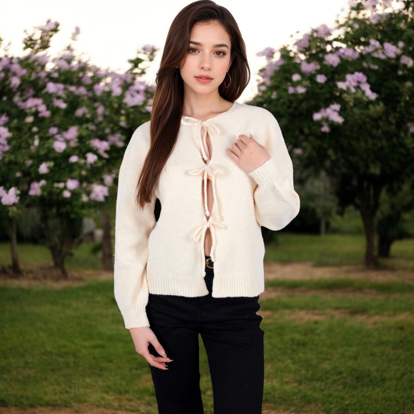 Anna-Kaci Women's Tie Front Knit Cardigan with Long Sleeves and Open Front Design