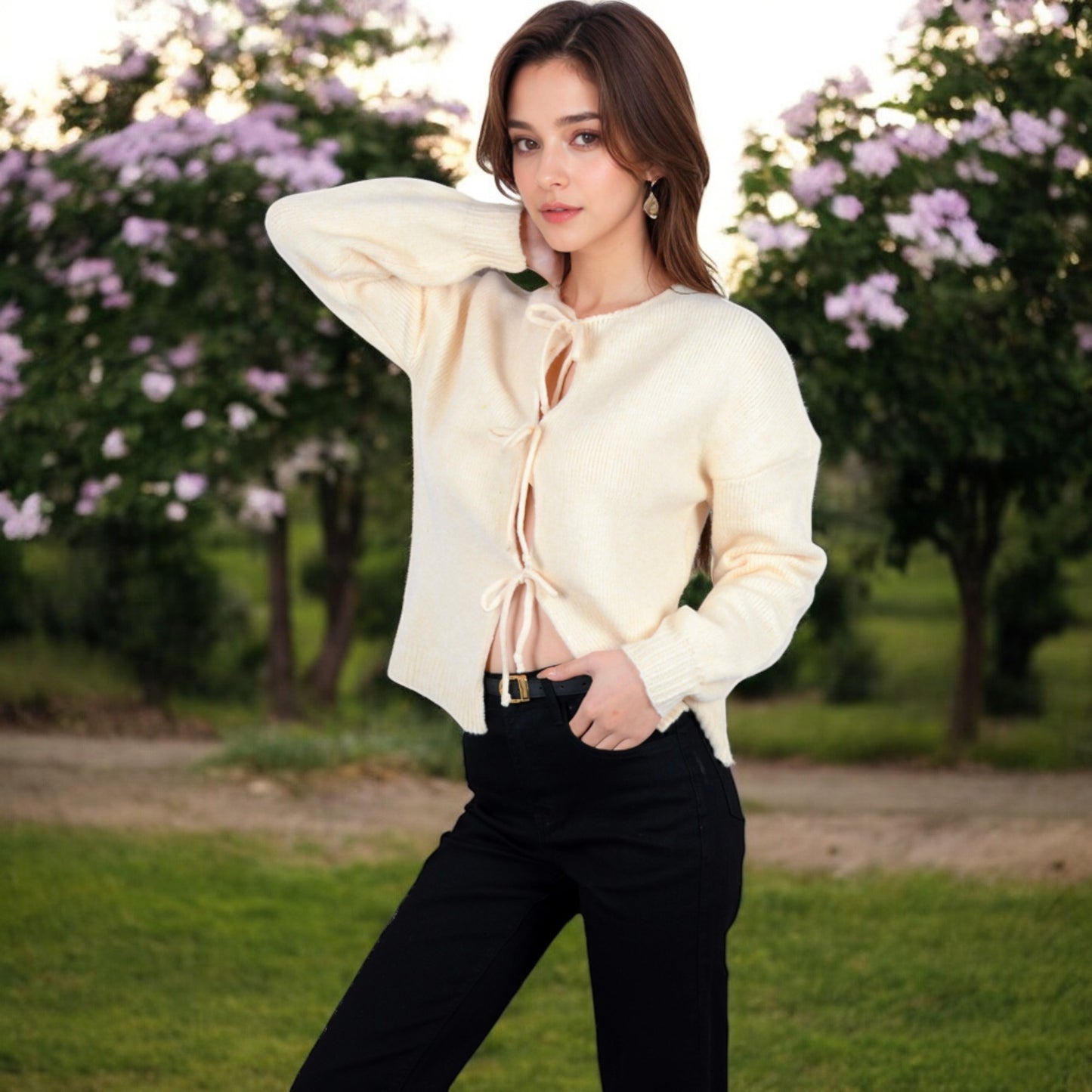 Anna-Kaci Women's Tie Front Knit Cardigan with Long Sleeves and Open Front Design