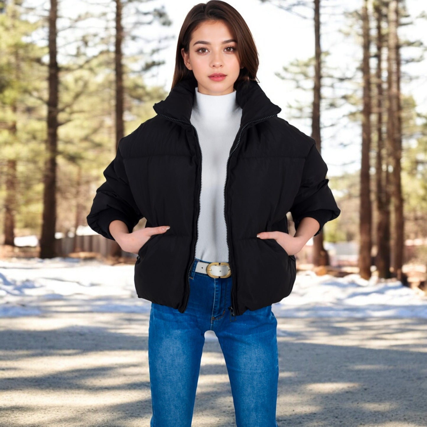 Anna-Kaci Women's Oversized Quilted Puffer Jacket with Zipper Front and Ribbed Cuffs