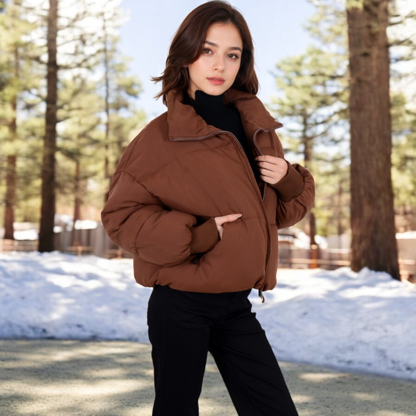 Anna-Kaci Women's Oversized Quilted Puffer Jacket with Zipper Front and Ribbed Cuffs
