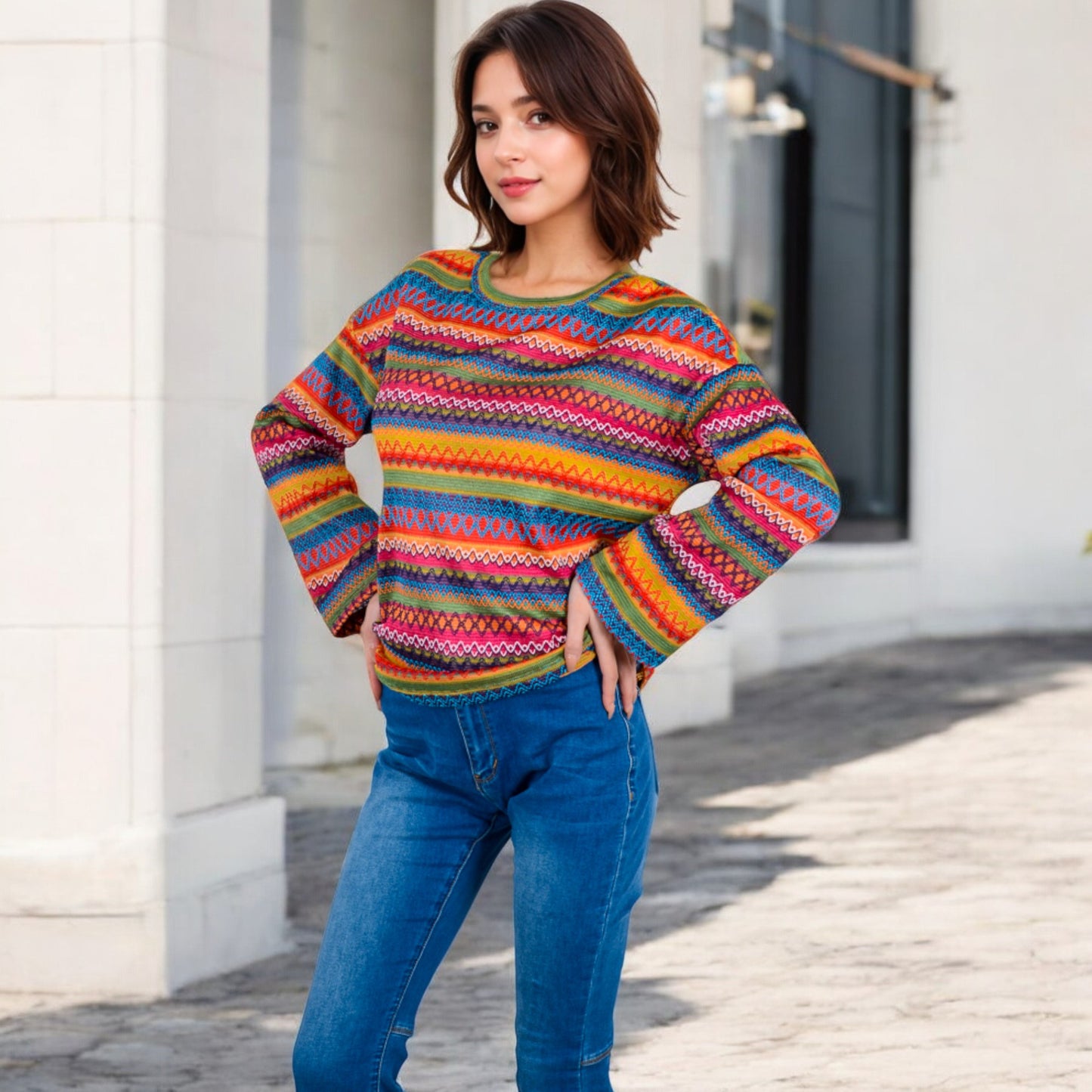 Anna-Kaci Women's Multi-Color Striped Knit Sweater with Long Sleeves and Crew Neck