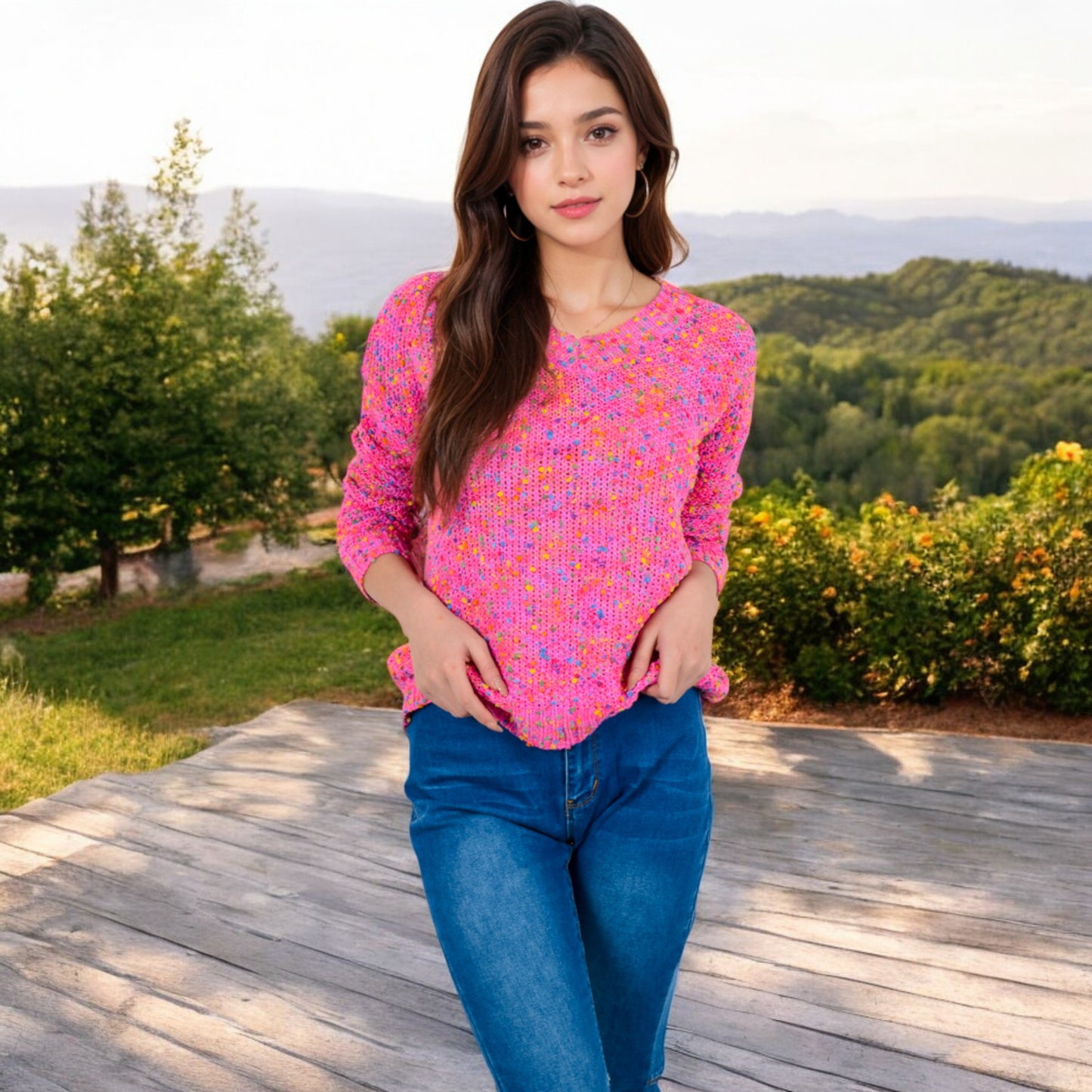 Anna-Kaci Women's Pink Confetti Knit Sweater with Crew Neck and Long Sleeves
