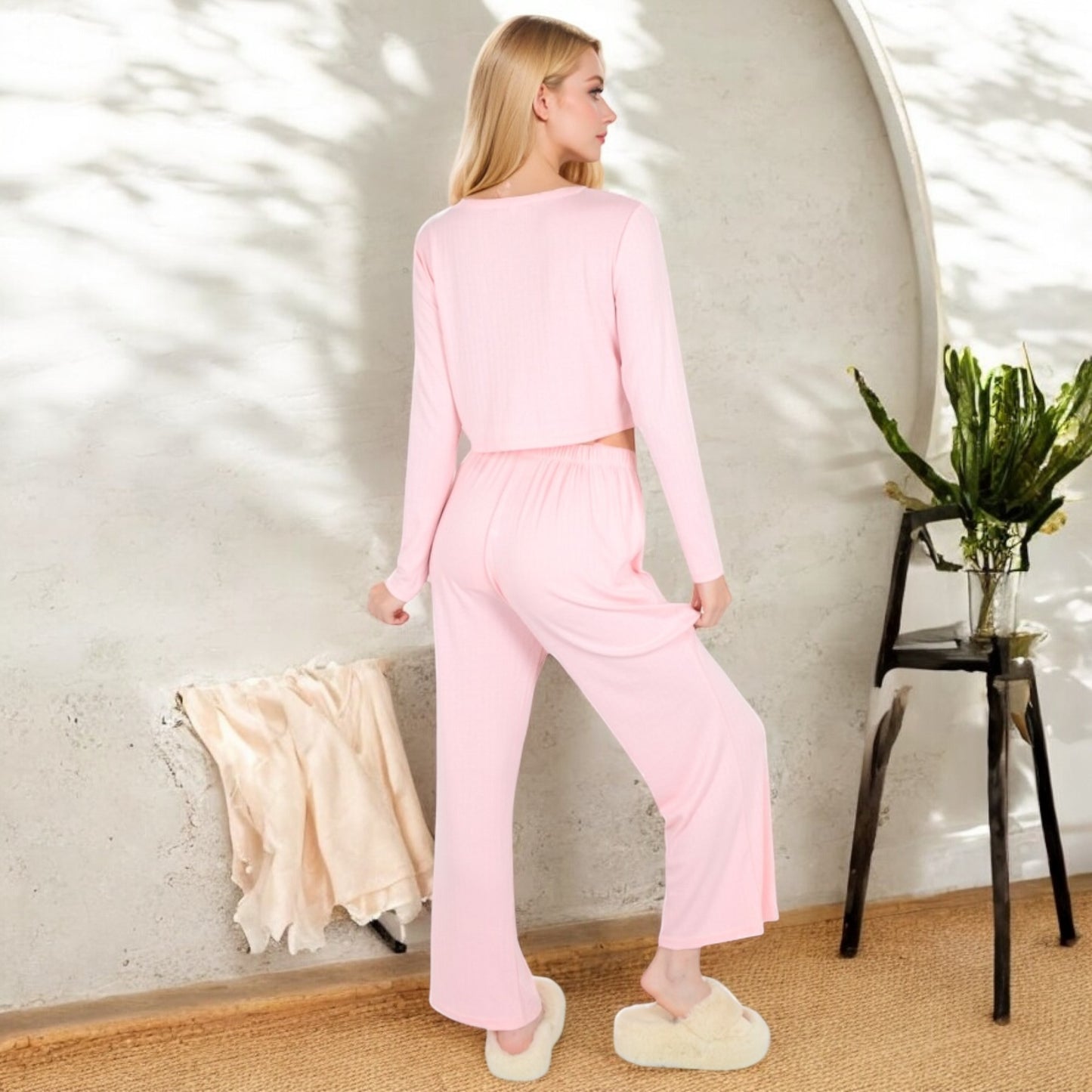 Anna-Kaci Women's Ribbed Button-Down Long Sleeve Top and Wide-Leg Pants Lounge Set