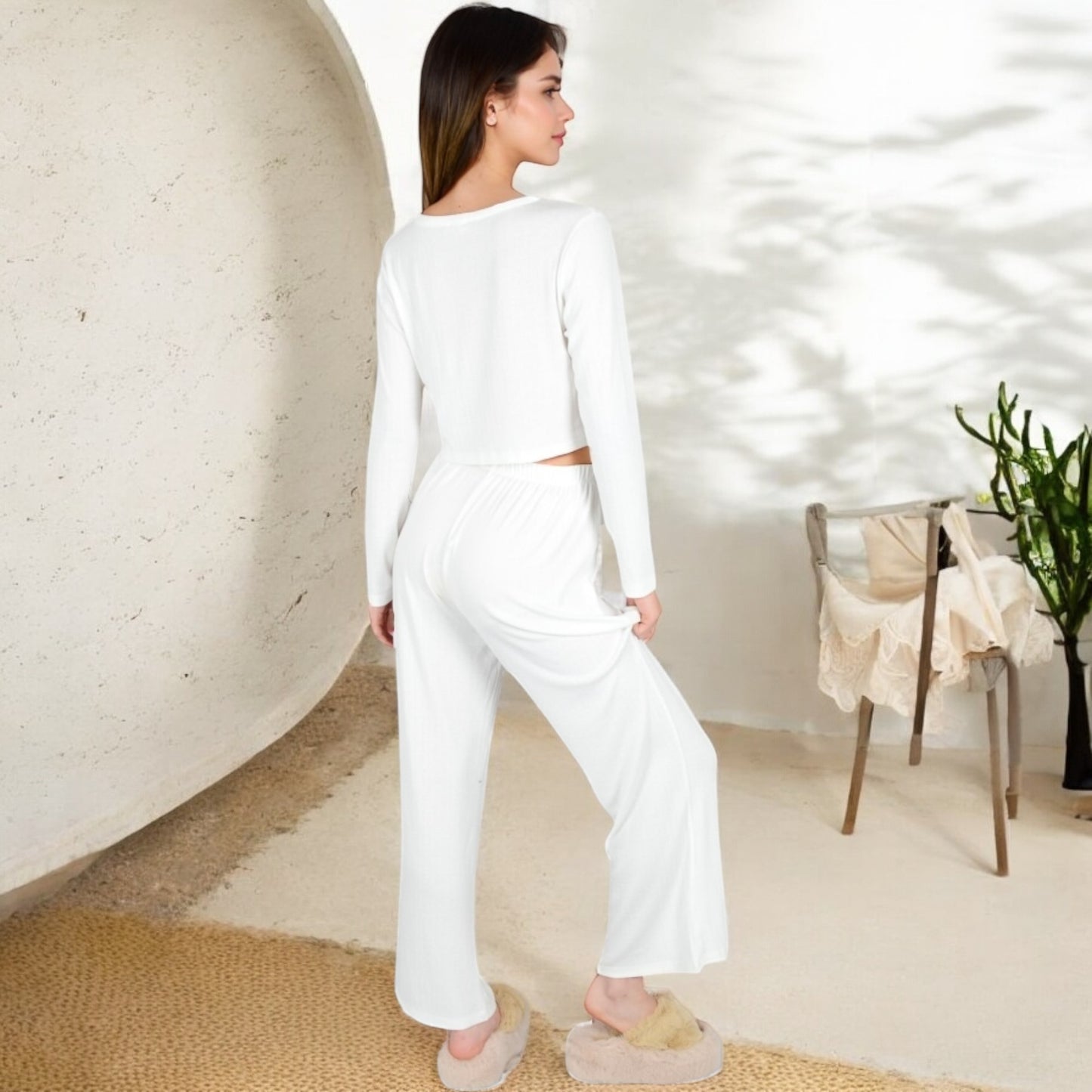 Anna-Kaci Women's Ribbed Button-Down Long Sleeve Top and Wide-Leg Pants Lounge Set