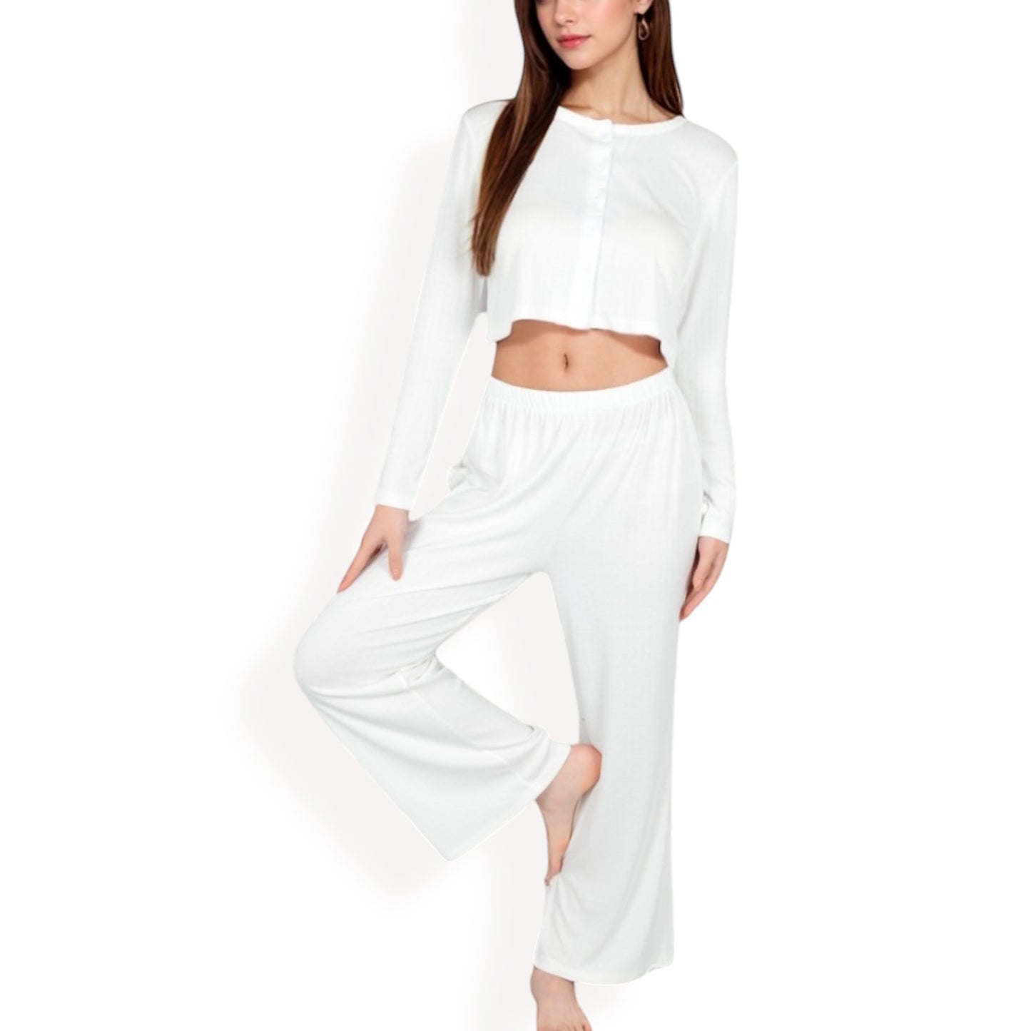 Anna-Kaci Women's Ribbed Button-Down Long Sleeve Top and Wide-Leg Pants Lounge Set