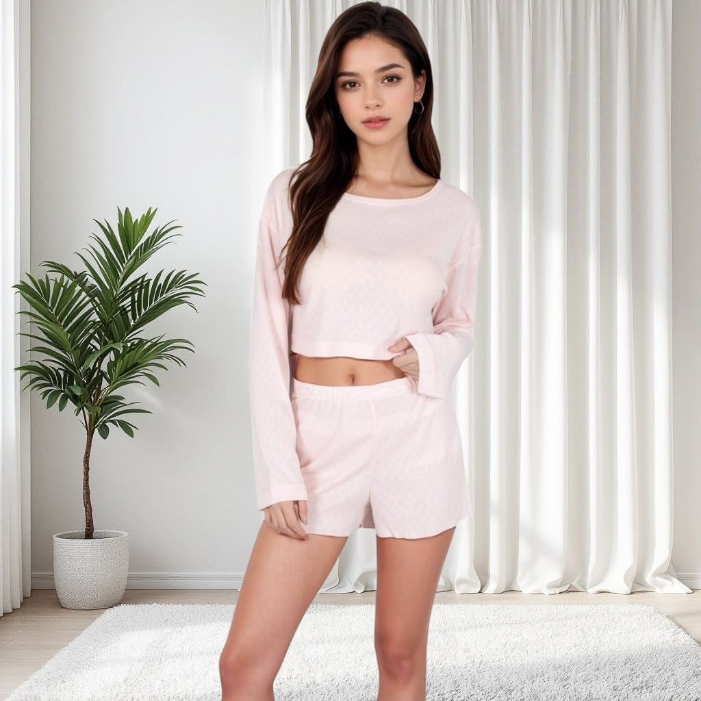 Anna-Kaci Women's Long Sleeve Crop Top and Elastic Waist Lounge Shorts Set