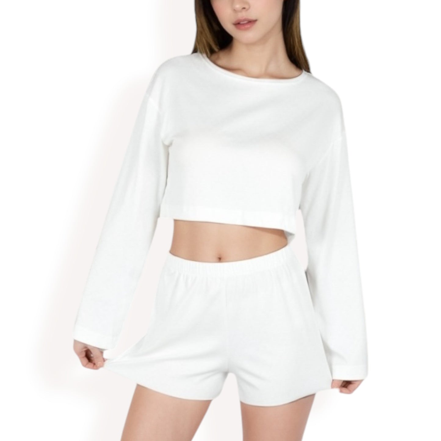 Anna-Kaci Women's Long Sleeve Crop Top and Elastic Waist Lounge Shorts Set