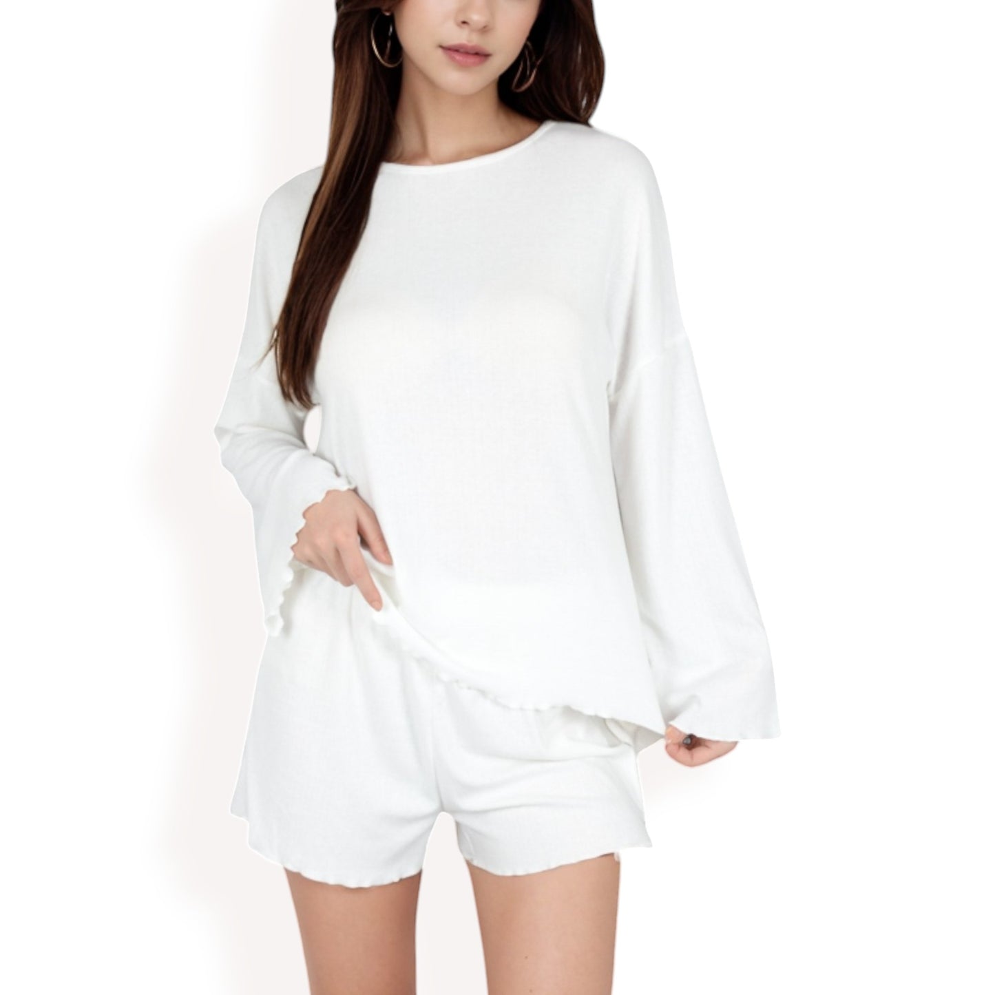 Anna-Kaci Women's Long Sleeve Lounge Top and Elastic Waist Shorts Set