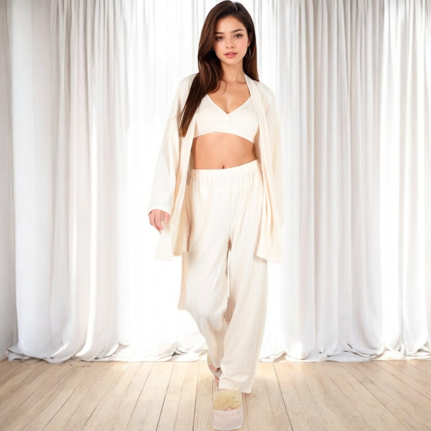 Anna-Kaci Women's 3-Piece Lounge Set with Tie-Front Cardigan and Ribbed Pants