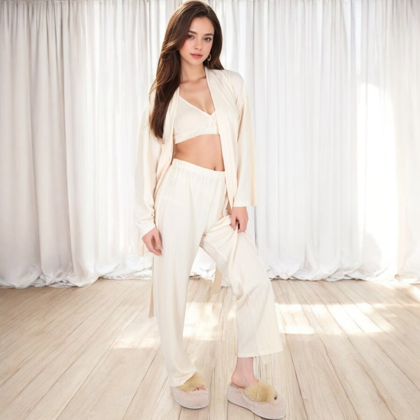 Anna-Kaci Women's 3-Piece Lounge Set with Tie-Front Cardigan and Ribbed Pants